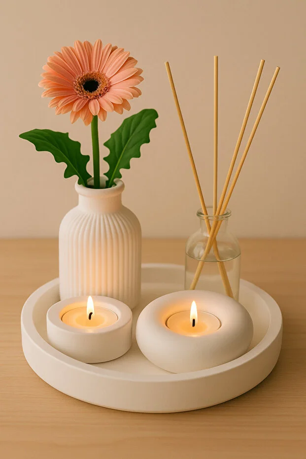 Dekoratif 5li Set Mum Çizgili Vazo Tealight mumluk ve Oda Kokusu Seti